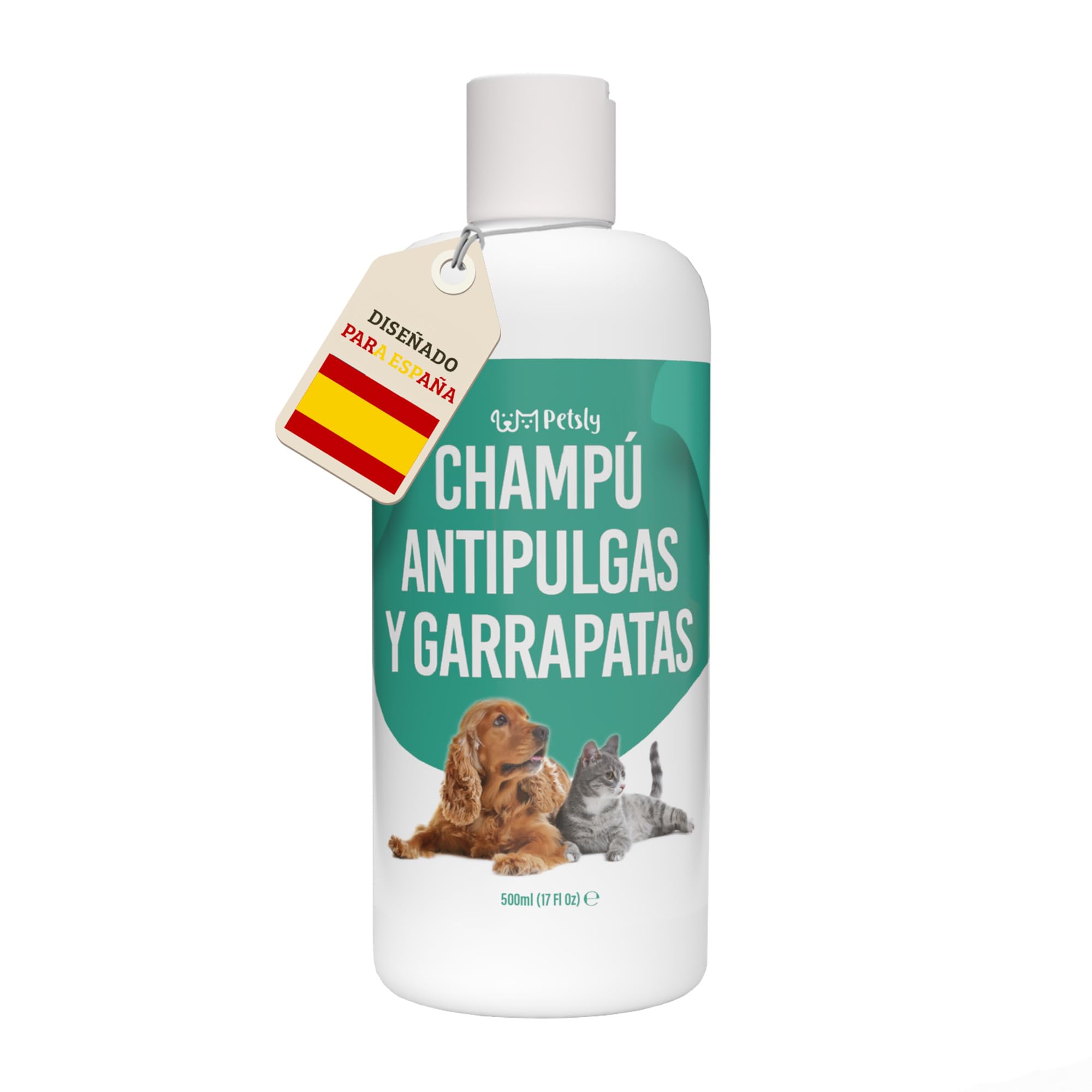 Petsly® Champú Antipulgas para Perros y Gatos - Fórmula Natural con Geraniol y Árbol del Té - Control de Pulgas y Garrapatas - Hidratante y Suave para la Piel - 500 ml - Apto para Todas Las Razas