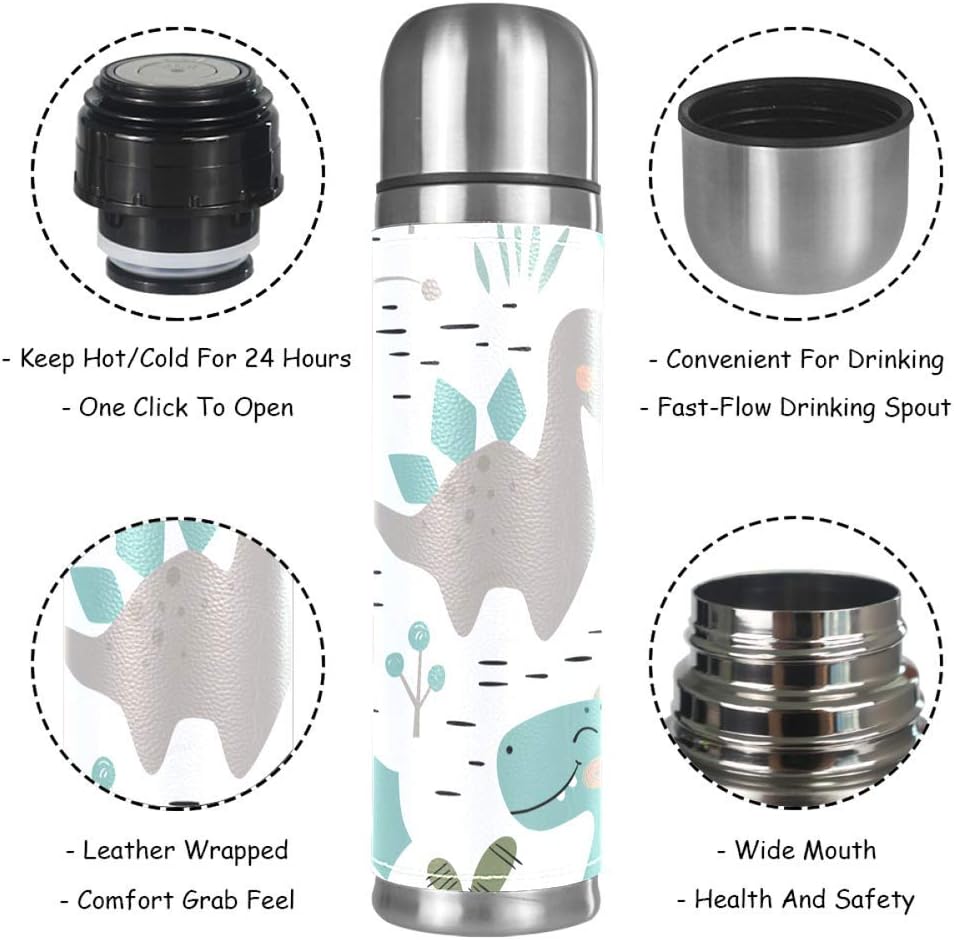 Stainless Steel Leather Vacuum Insulated Mug Dinosaur Baby Boy Thermos Water Bottle For Hot And Cold Drinks Kids Adults 16 Oz