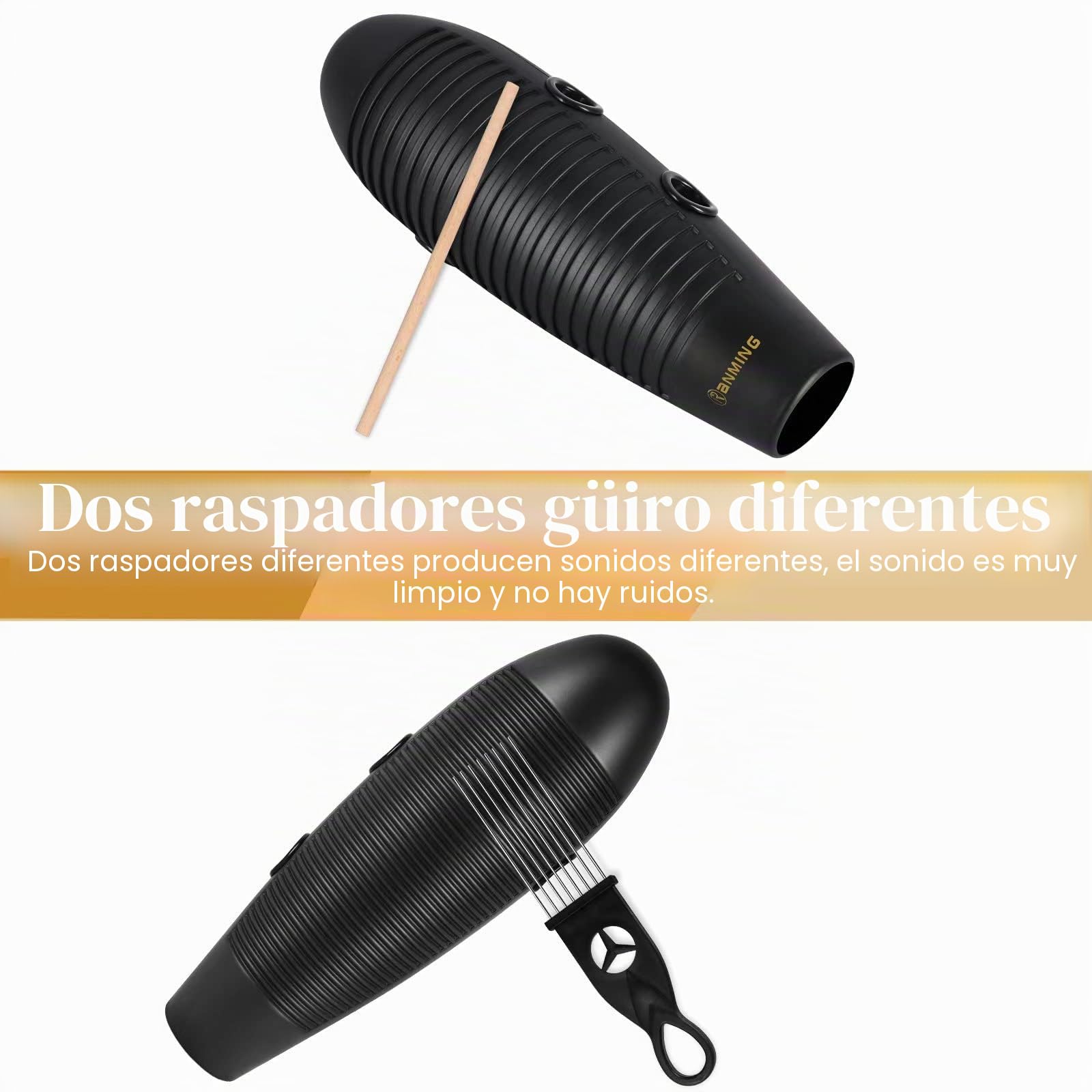 RANMING Guiro Instrument - Instrumento de percusión latina con forma de pez Super Guiro de 3.9 x 13 pulgadas con 2 raspadores Guiros, herramienta de entrenamiento musical para principiantes y amantes