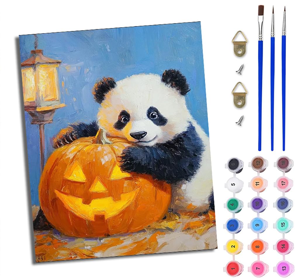 ZCLZHANG Paint by Numbers for Adults 16x20inch DIY Paint by Numbers Kits Pumpkin Lantern, Cozy and Cute Bear for Beginner on Canvas Oil Painting with Paintbrushes for Home Decoration