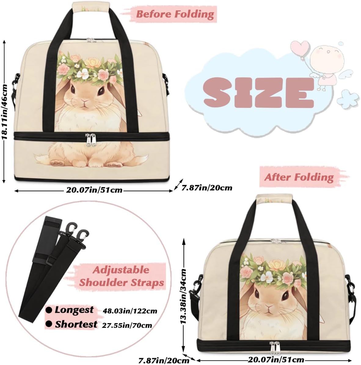 QsirBC Rabbits Decor Gym Bag for Women Duffle Tote with Shoes Compartment Men Weekender Duffel for Dance Travel Sports Swimming Overnight