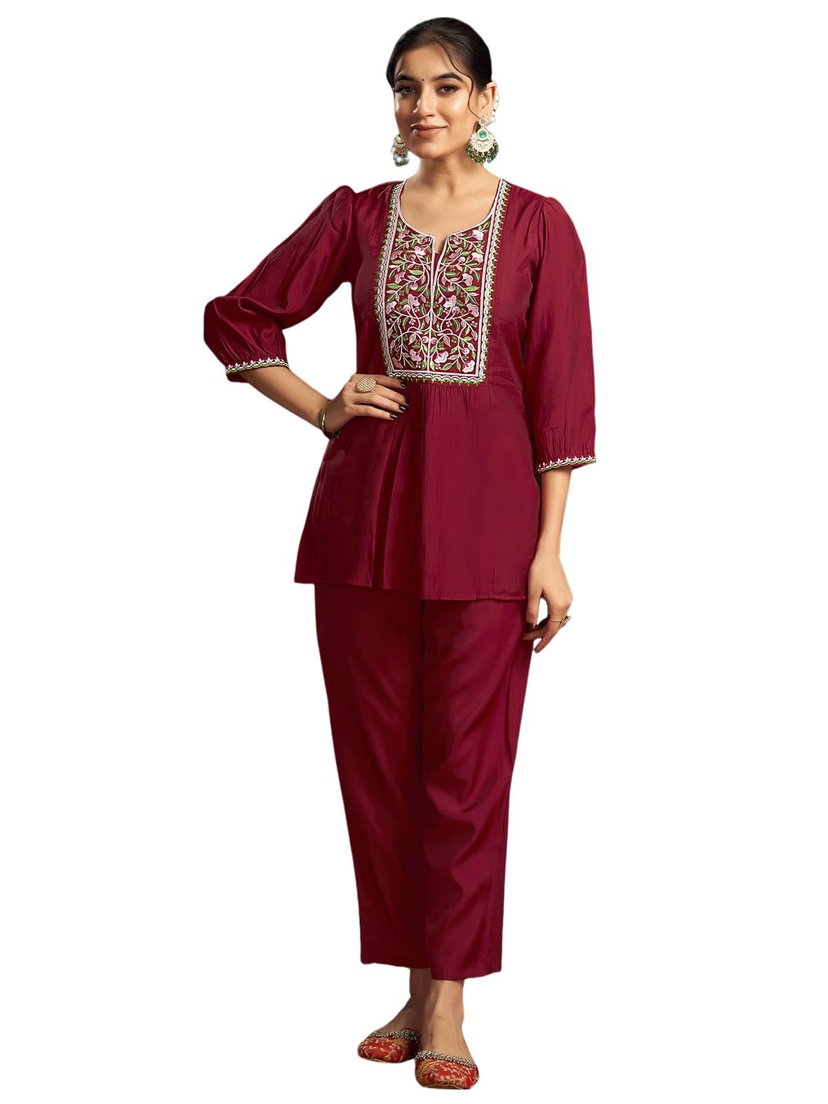 Selvia Women's Silk Blend Maxi Co-Ords Set (681Ctk7821N-S_Maroon