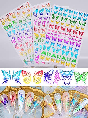 Warmfits 10 Sheets Holographic Butterfly Nail Stickers Decals Holo Gold Silver Multi-Color Different Shapes Nail Adhesive Stickers #TOP3