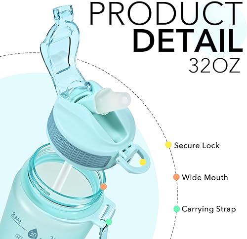 Miniatura 4 de Hyeta Botellas de agua de 32 onzas con popote, mantente motivado e hidratado con marcas de tiempos convenientes para beber, duraderas, a prueba