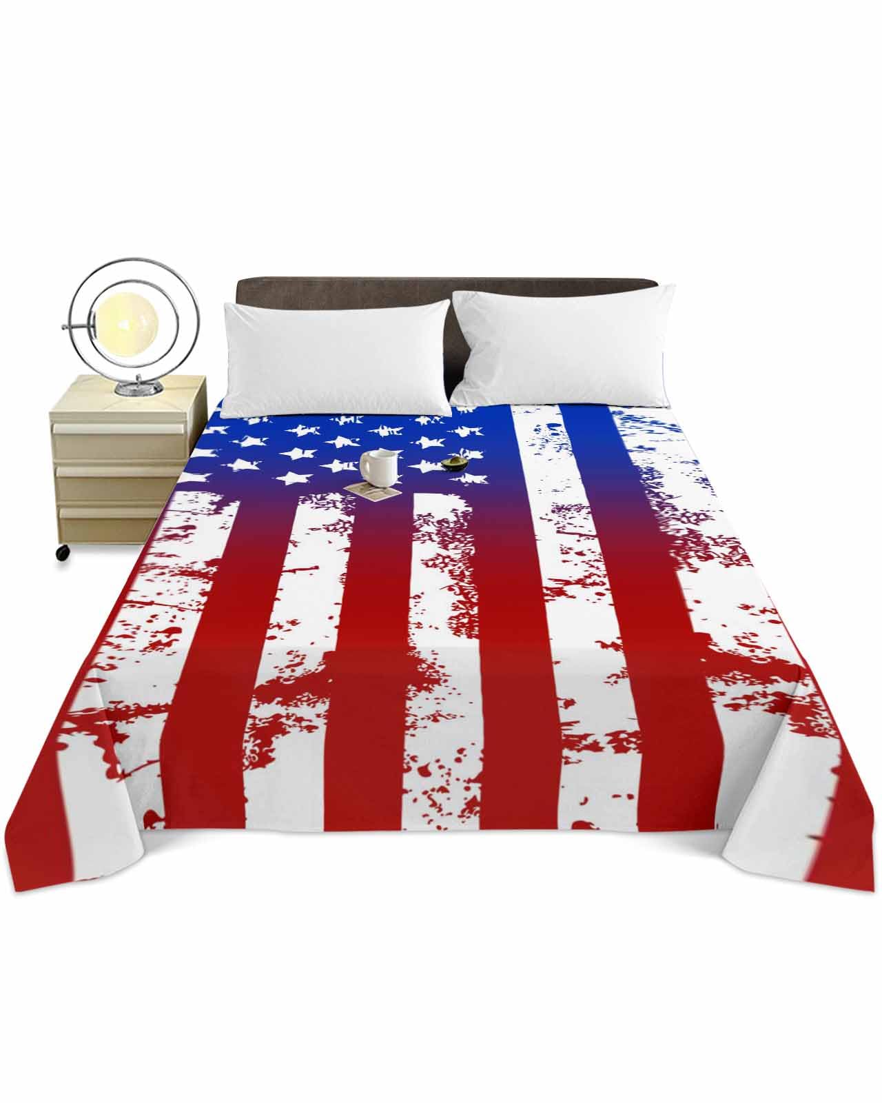 Queen Size Top Sheet Only, Retro Independence Day USA Flag Flat Sheet Microfiber Breathable Soft Bed Sheets, Abstract Stripes and Stars Hotel Bedding Flat Sheets for Bedroom
