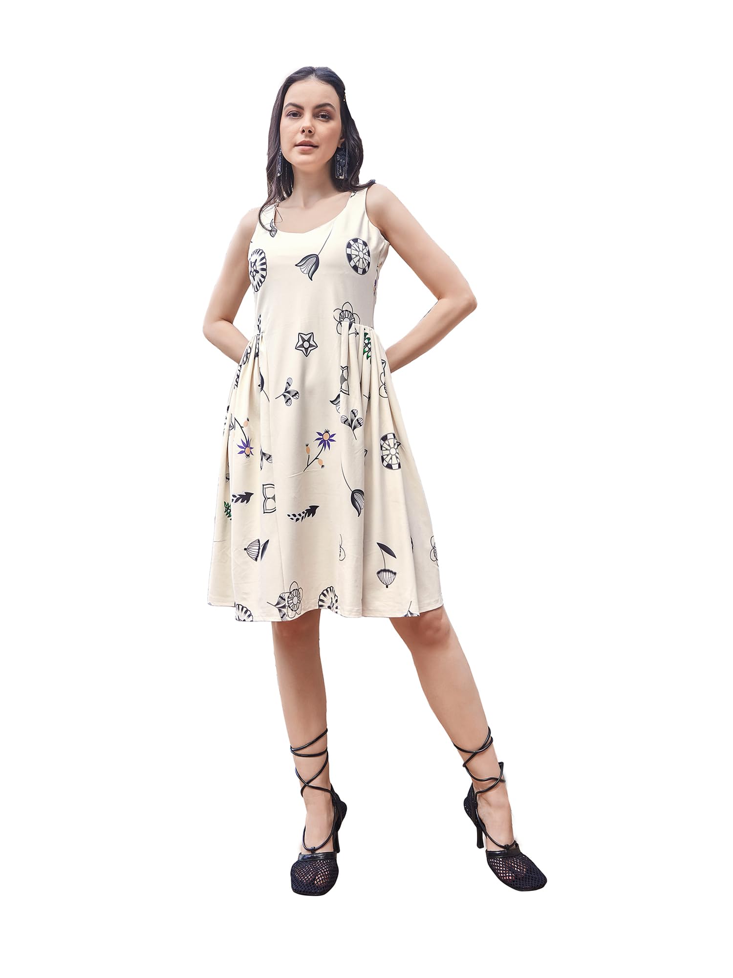 Purvaja Womens Ruched Knee Length Dress (Wini-020-Dream_Off White_Small)