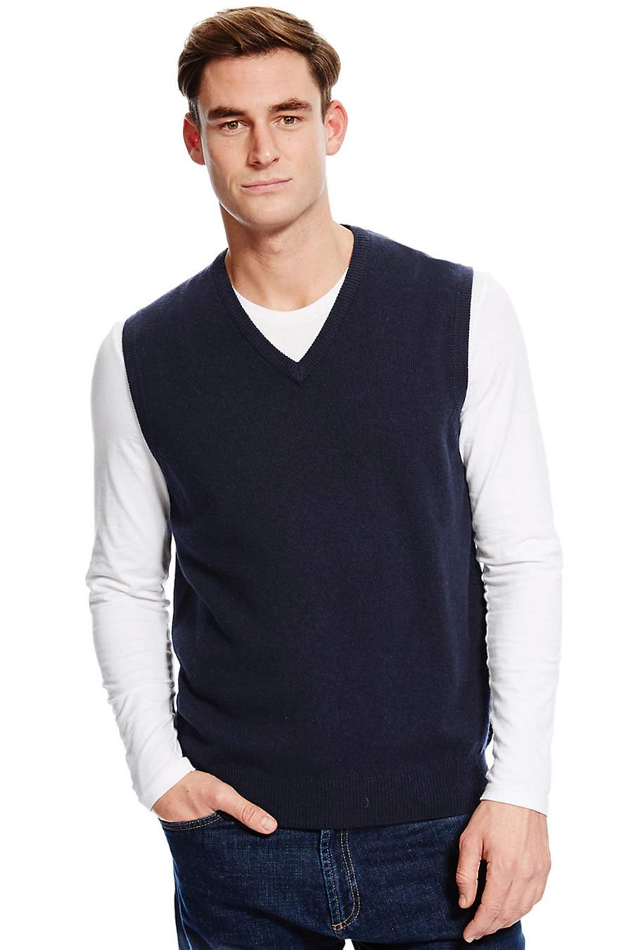 Aarhon Mens V Neck Sleeveless Knitted Jumper Plus Size Sweater Mens Top Size UK-Navy-S