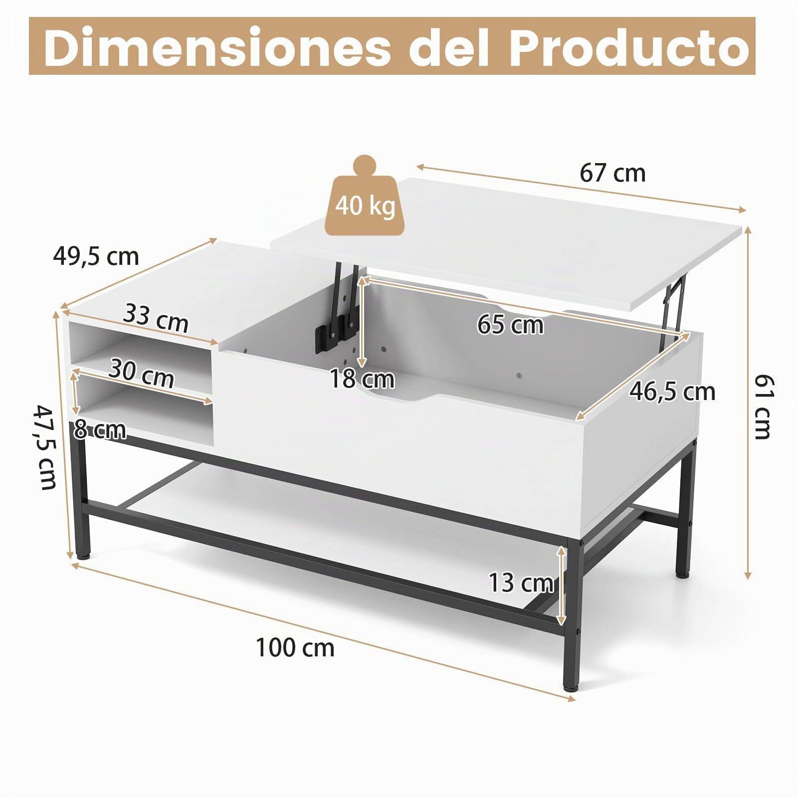 GOPLUS Mesa de Centro Elevable Con Compartimento Oculto y Estante de Almacenamiento Abierto, Moderna Rectangular para Salón Oficina, 100 x 49,5 x 47,5 cm (Blanco)