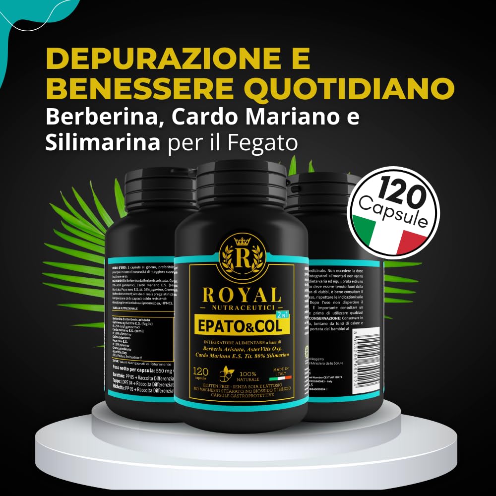 Berberina, Cardo Mariano e Silimarina – Integratore Detox Fegato e Depurativo Fegato Epatico – Supporto Naturale per Metabolismo e Benessere – 120 Capsule Vegan – ROYAL NUTRACEUTICI