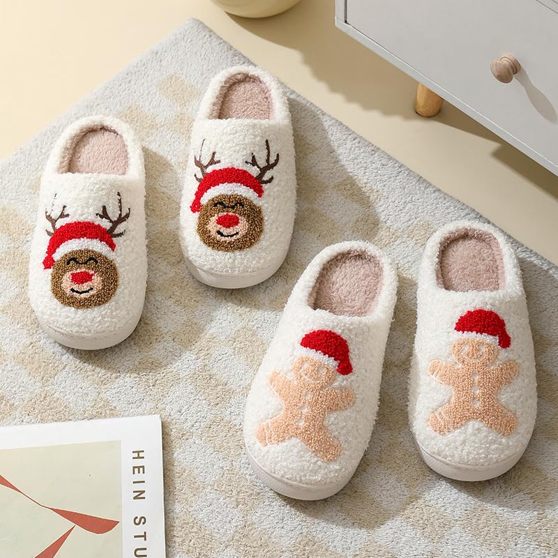 Snugeasy Christmas Slippers Reindeer for Womens Mens Soft Plush Comfy Warm Fuzzy Slippers Red Moose Santa Claus Indoor Outdoor Slip On House Slippers Christmas Gifts, Gingerbread Man, 7.5-8.54