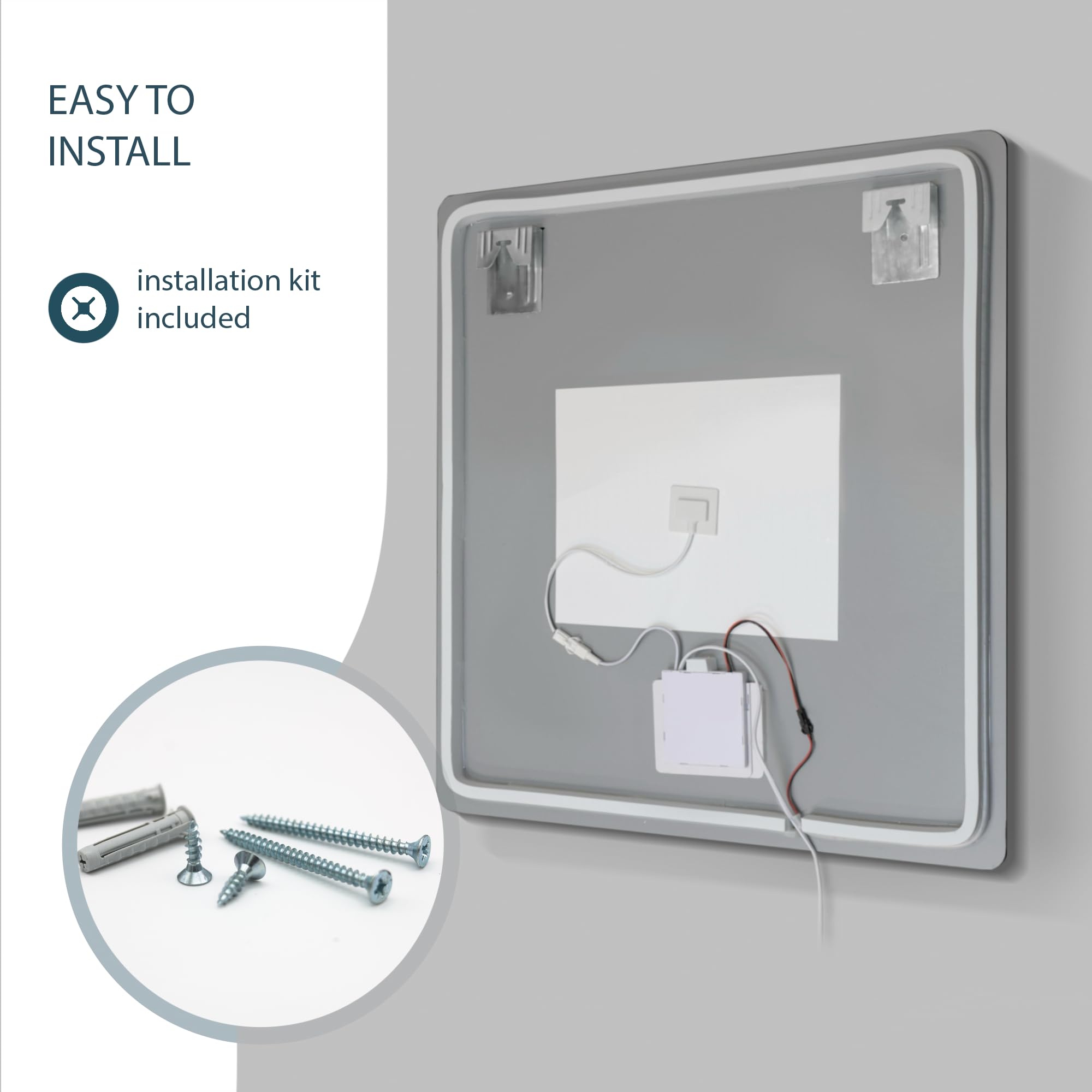Espejo de Baño Rectangular con Luz LED Regulable, Antivaho, Interruptor Táctil, 3 Tonos de Luz, Apagado Automático, Fácil Instalación, Montaje en Pared, Diseño Sin Marco 80x80 cm