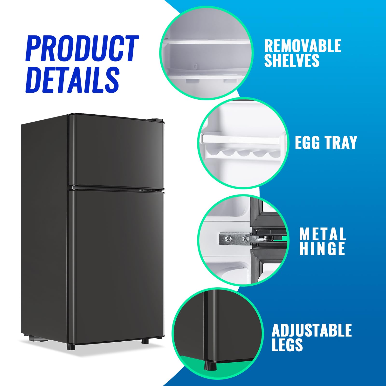 Tacool 2.4 Cu.Ft Fridge Dual Door Refrigerator With Freezer Dorm Fridge For Personal Senven Temp Gear Suit For Apartment, Bedroom, RV Dark Gray on Fridge.com - View 4