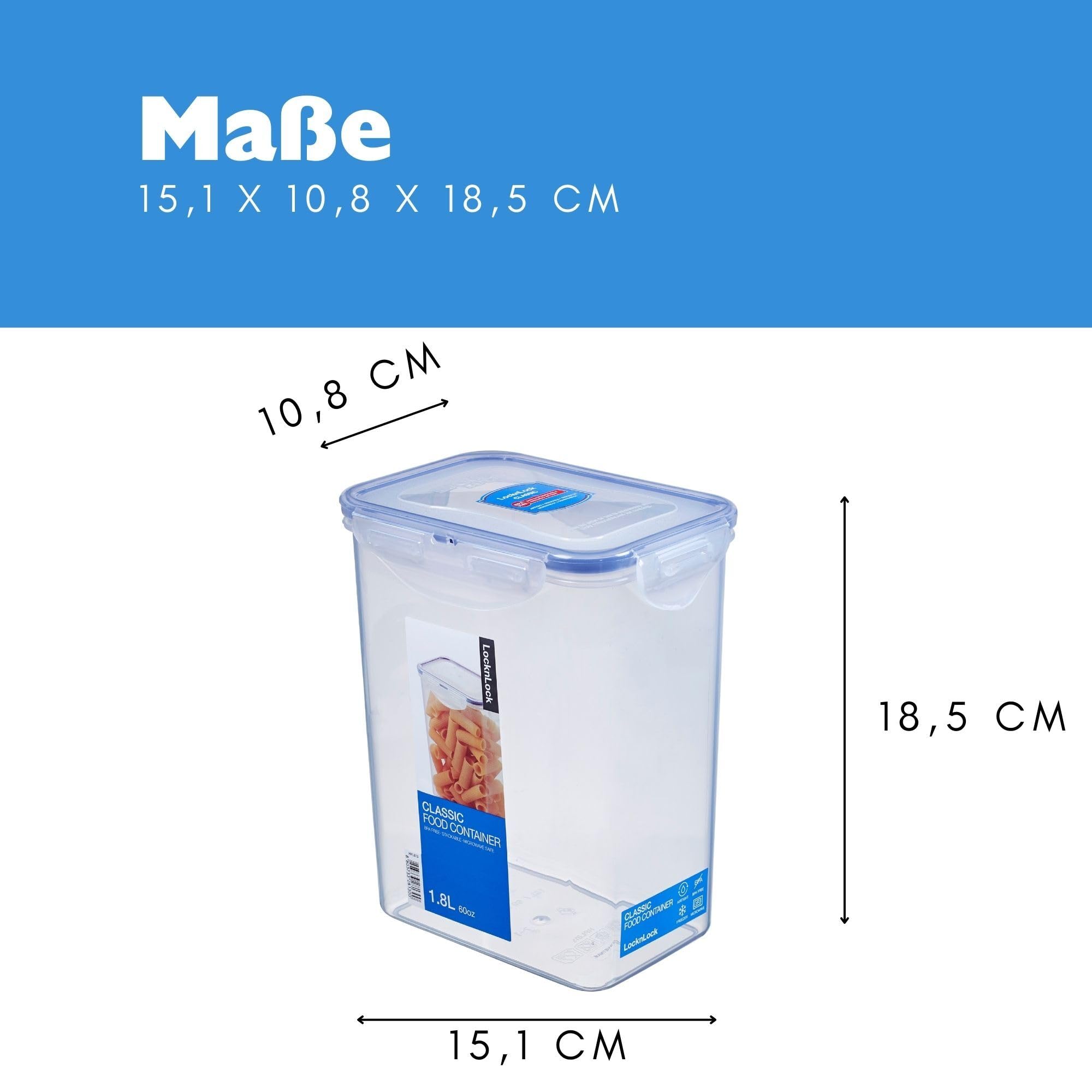 LocknLock 6er Set HPL813 Vorratsdosen - Frischhaltedosen 1,8 Liter - Maße (LxBxH): 151 x 108 x 185 mm - Geeignete Dosen zum Einfrieren und Mikrowelle - Lock and Lock Dosen Food Box Meal-Prep-Boxen