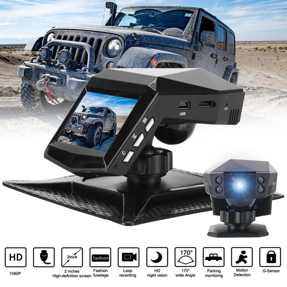 Enregistreur Vidéo de Tableau de Bord de Voiture, Moniteur de Vue DashCam, Écran de 2 Pouces, Grand Angle 1080P (A)