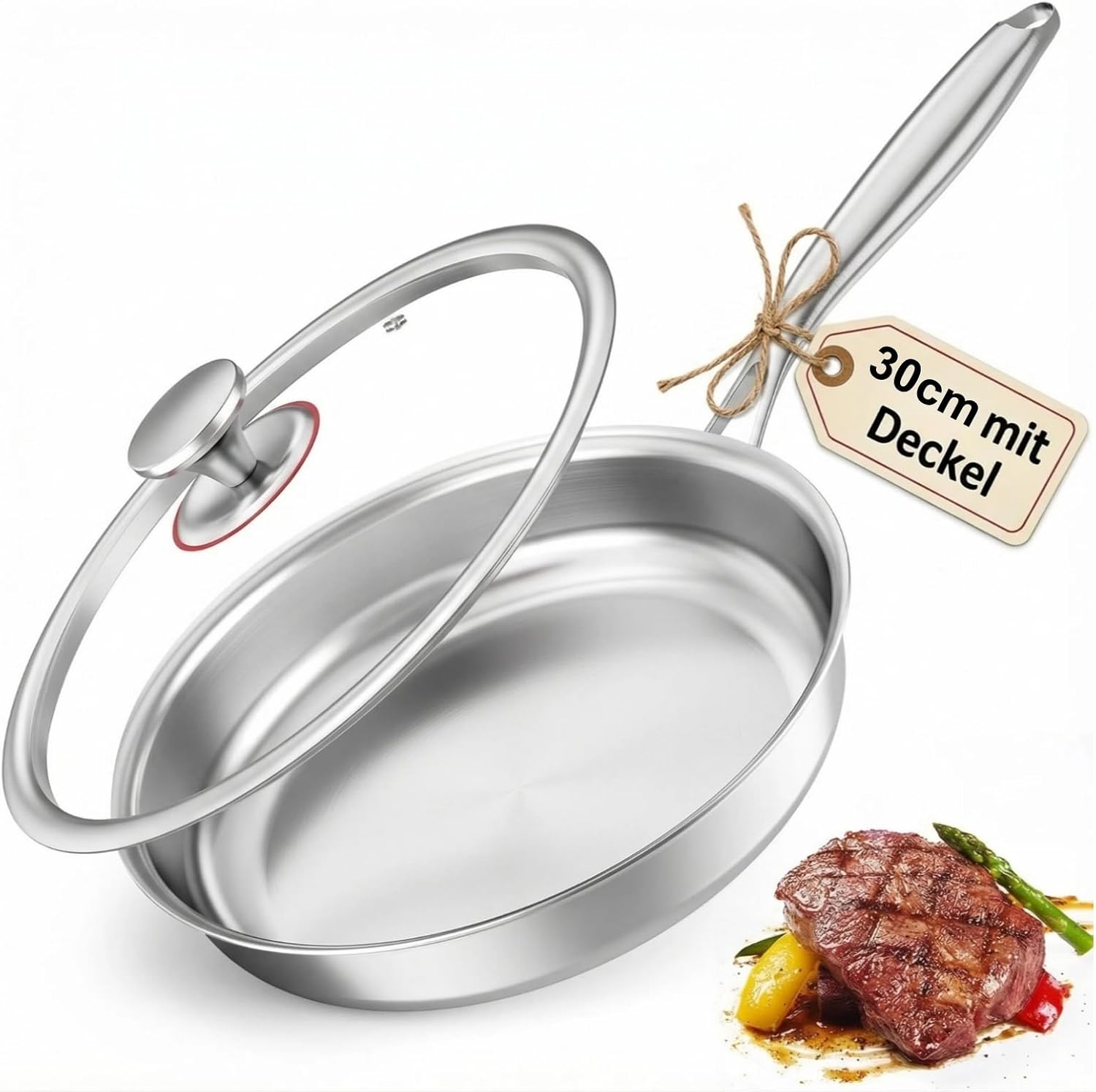 Stainless Steel Pan 30 cm with Lid Stainless Steel Pan Uncoated PFOA-Free 3-Layer Stainless Steel Frying Pan Induction Stainless Steel Pan for All Hob Types Oven Safe Dishwasher Safe
