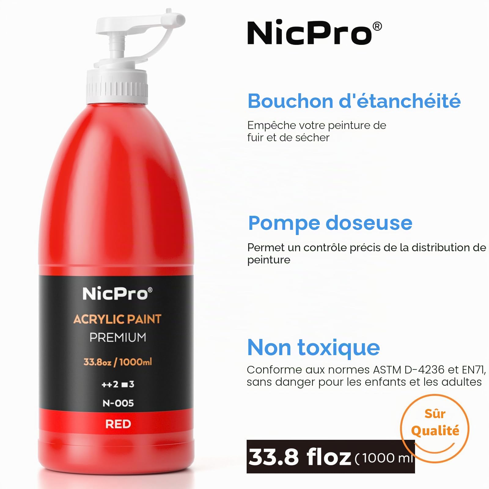 Nicpro Ensemble de peinture acrylique en grand format de 14 couleurs (1000 ml, 33,8 oz) Fournitures de peinture artistique riches, non toxiques pour toile, bois, cuir, tissu, pierre, artisanat, pour