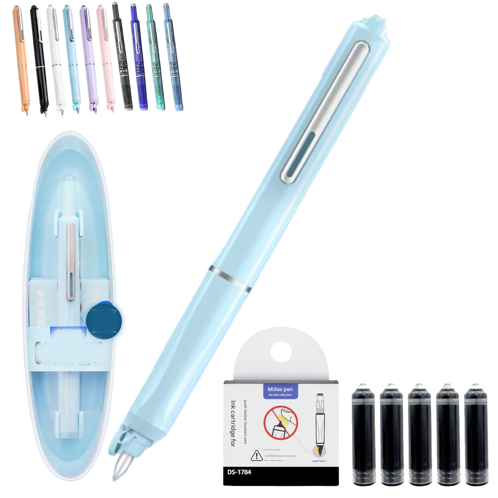 Qosneoun Retractable Fountain Pen, Refillable Fountain Pen, 0.38mm Blue&Black Ink Transparent Barrel Includes 5 Refillable Ink Cartridges for Smooth Writing No Leaking (Blue, Erasable blue)
