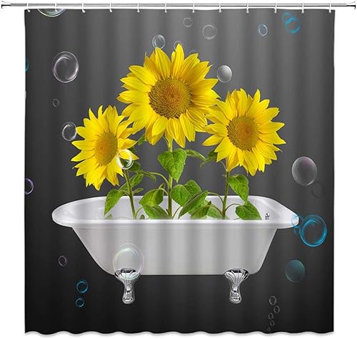 Cortina de ducha rústica de girasoles grises y amarillos en la bañera, flores de flores de colores naturales, cortina de tela para decoración de