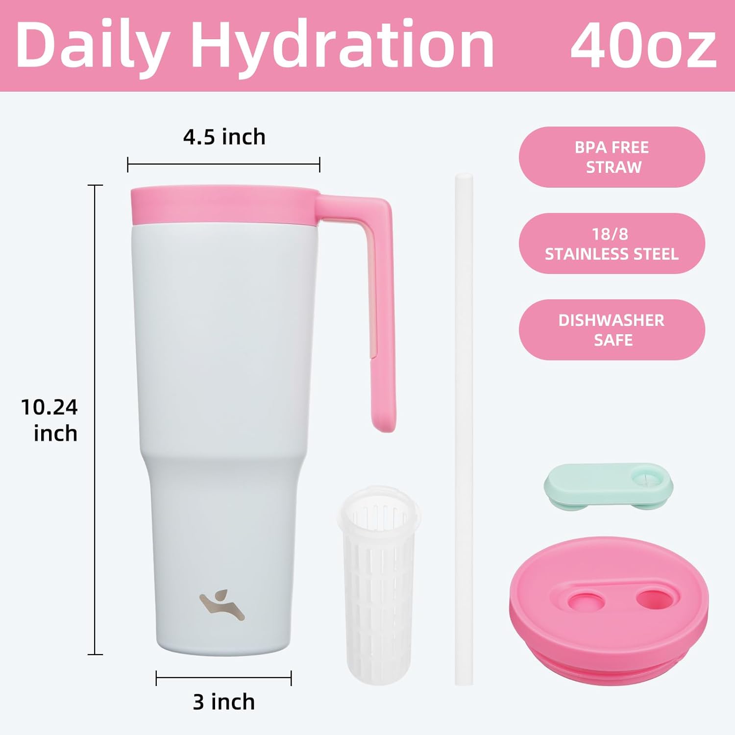 Insulated Tumbler with Handle and Straw,40 OZ Vacuum Stainless Steel Water Bottle Travel Mug Metal Cup with Fruit Diffuser,Pink Grey - Image 2