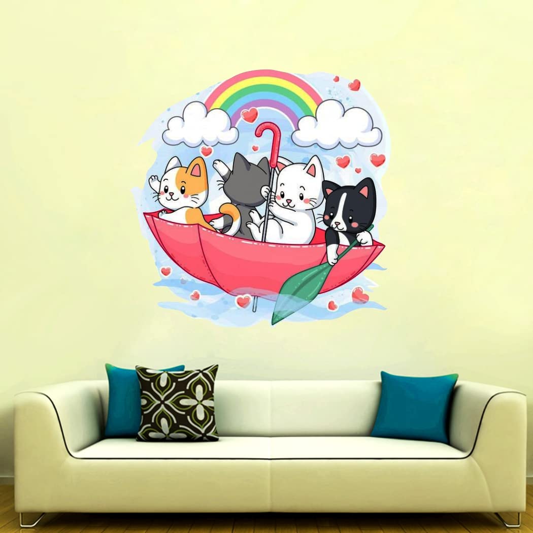 Divine Printry Cute Cat with Umbrella and Rambo Wall Sticker Size - (56 * 56) cm - (DP0000548L)