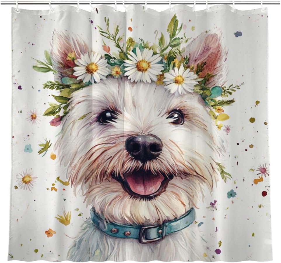 NGZ White Daisy Floral Shower Curtain Cavalier King Charles Spaniel Shower Curtain Farmhouse Flower Spring Rustic Blossom Fabric Bathroom Decor Set with Hooks（72Wx72H）
