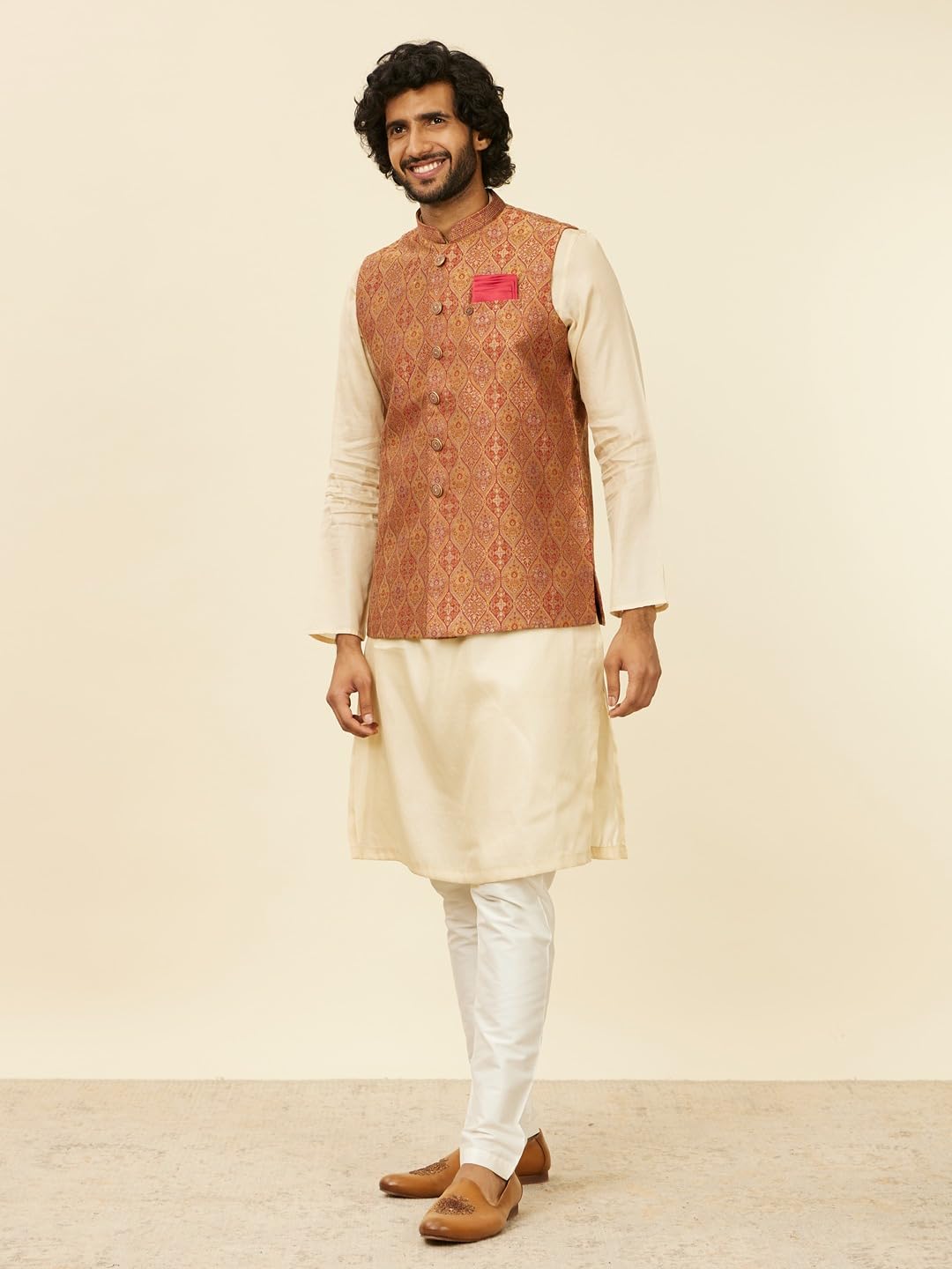 Manyavar Ricamo in broccato ruggine|Jacquard|Giacche Zari per Uomo
