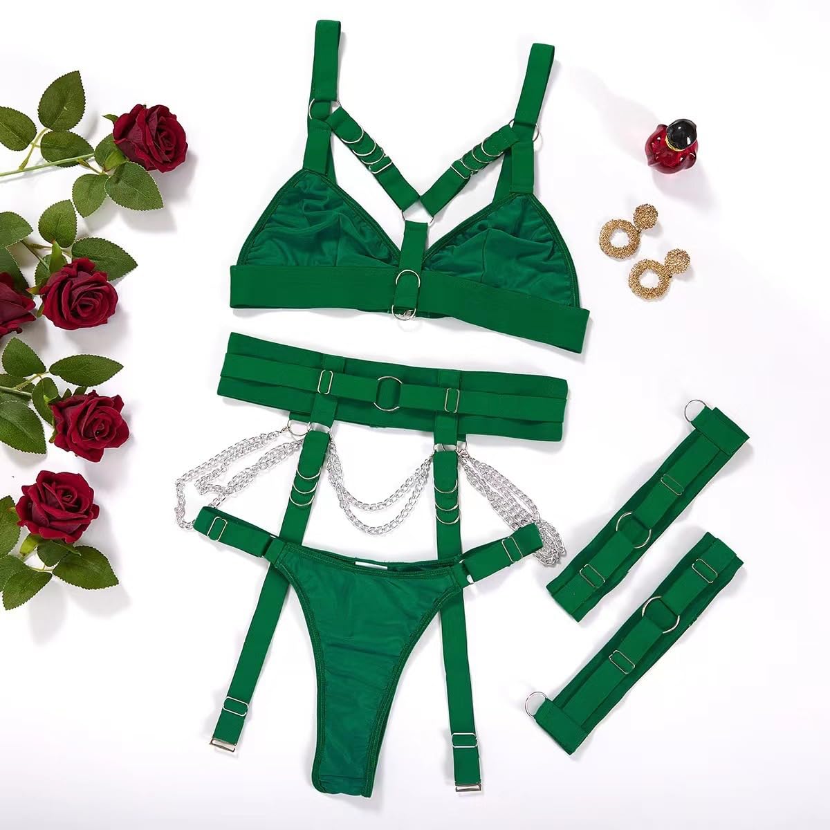 Alrovetoney Sexy Lingerie Set For Women With Garter Belt 5 Pieces Strappy Bra and Panty Set Adjustable With Chain