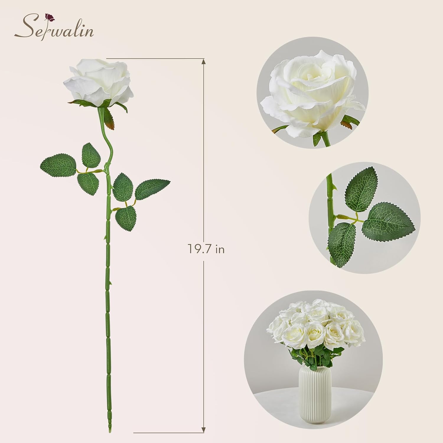 Serwalin 20PCS Artificial White Roses, 4'' Big Flower Head, Ivory Silk Roses, Velvet Fake Roses Bouquet Long Stem Roses for Home Decor Wedding and Table Centerpiece - Image 7