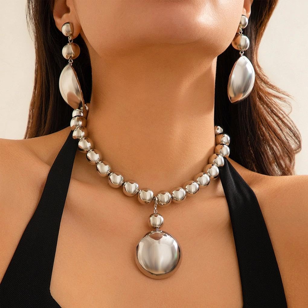 Chunky Beaded Choker Necklace Dangle Earring Set Exaggerated Half Ball Pendant Necklace Stud Earring for Women Large Lightweight Statement Jewelry Set - Image 5