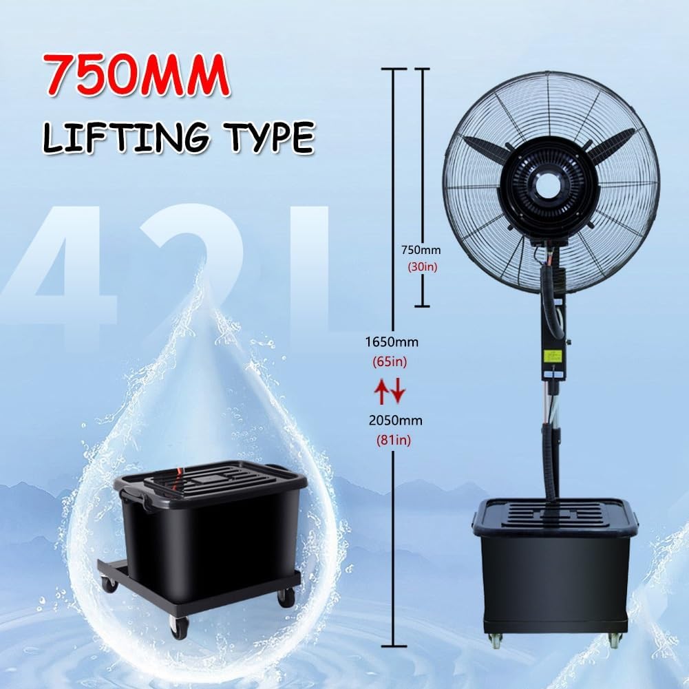 Industrial Misting Fan With Oscillating Indoor Outdoor Liftable Camping Cooling Pedestal Fan Misters With 3 Speeds 42L Large Capacity Tank 65/75cm(30in)