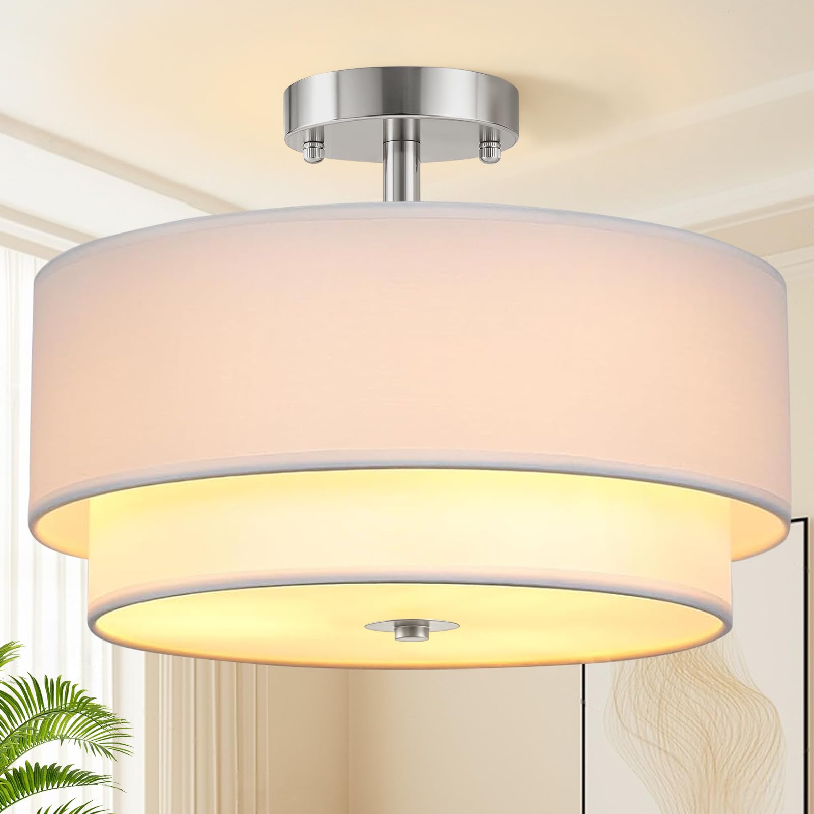 Semi Flush Mount Ceiling Lights, 16In Fabric Drum Shade Ceiling Light