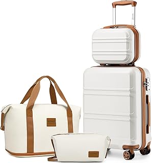 Set de 4 Valises de Voyage Rigide Bagage Cabine 55cm avec Portable Vanity Case et Pliable Sac de Voyage pour Sport avec Trousse de Maquillage, Blanc Crème