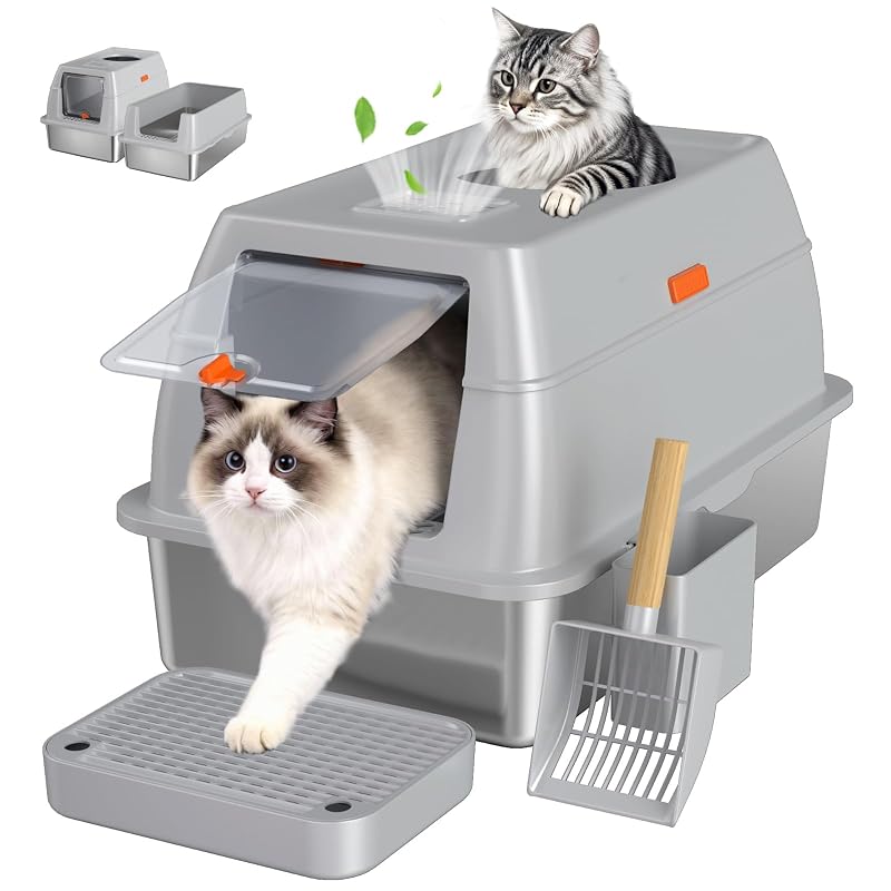 Caixa de Areia para Gatos XL Fechada em Aço Inoxidável com Tampa Tevila, Cinza-claro (Light Gray)