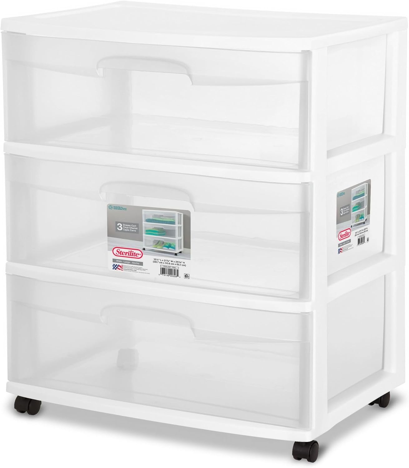 3 Drawer Rolling Cart with Wheels, Wide Storage Organizer Cart for Bedroom, Bathroom, Kitchen, Office - White Plastic Utility Cart with Clear Drawers & Built-in Handles, 21.8" W x 15.2" D x 24" H