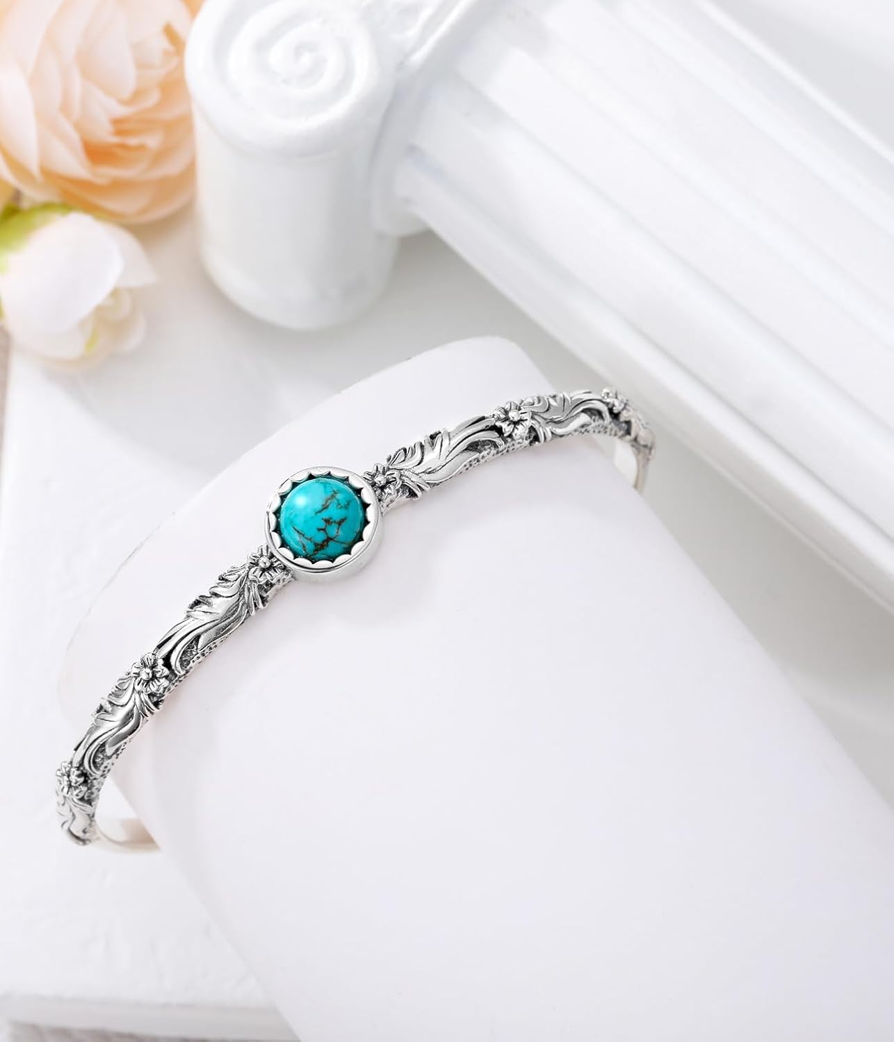 Genuine Vintage Flower Turquoise Bracelet, Sterling Silver Boho Adjustable Dainty Bangle Cuff Native American Jewelry, Fit for 6 6.5 7 7.5 - Image 6