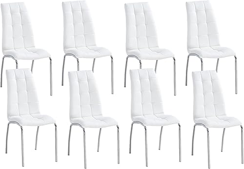 Vista 12 de Juego de 4 sillas de comedor de piel sintética, modernas sillas de comedor blancas con patas de metal plateado y respaldo ergonómico, sillas