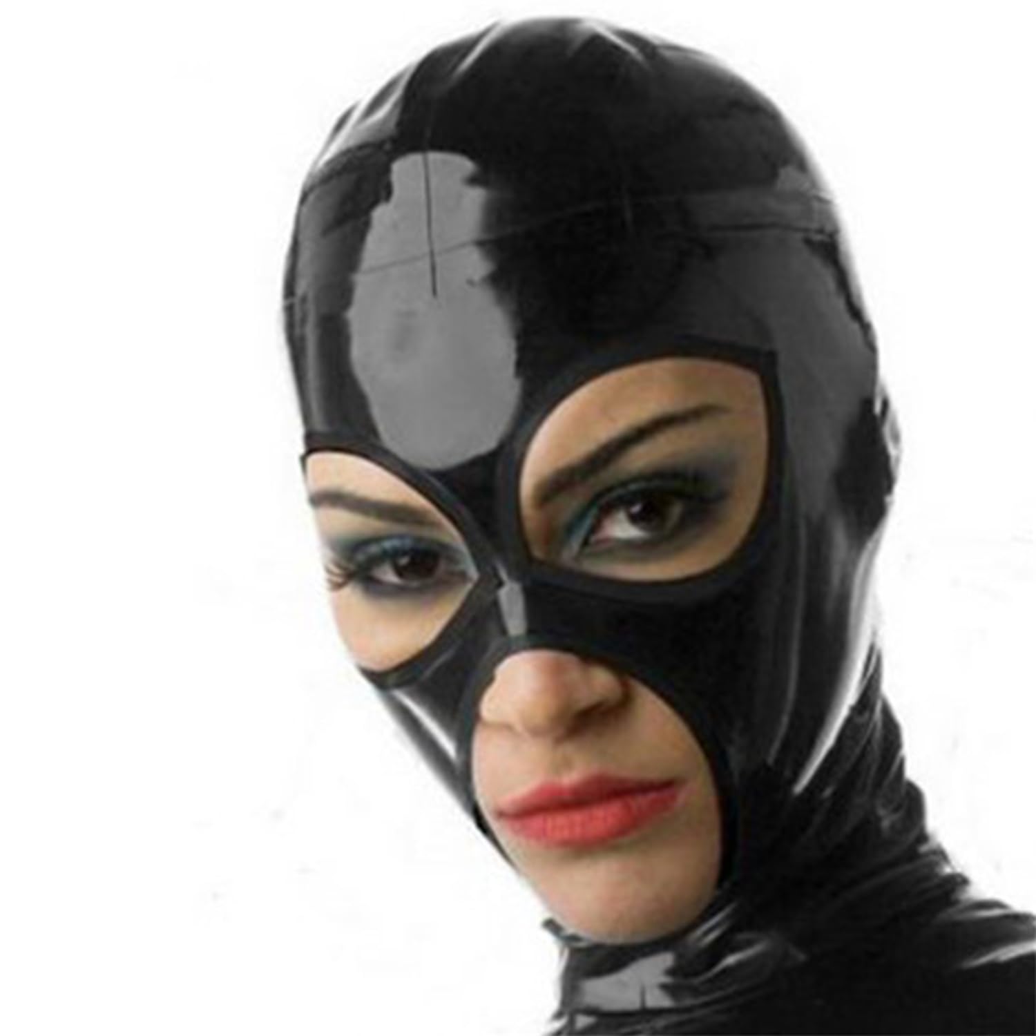 Kangxinsheng Black Latex Hood Mask with open Mouth,Rubber Masks Back Zipper Handmade,Cosplay Party Costumes for Men and Women (M)