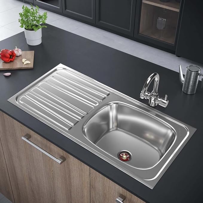 Johnson Nexa SS304 Single Bowl Kitchen Sink with Drain Board and Waste Coupling | Glossy Finish | 37"x 18"x 8" | 10 Years Warranty