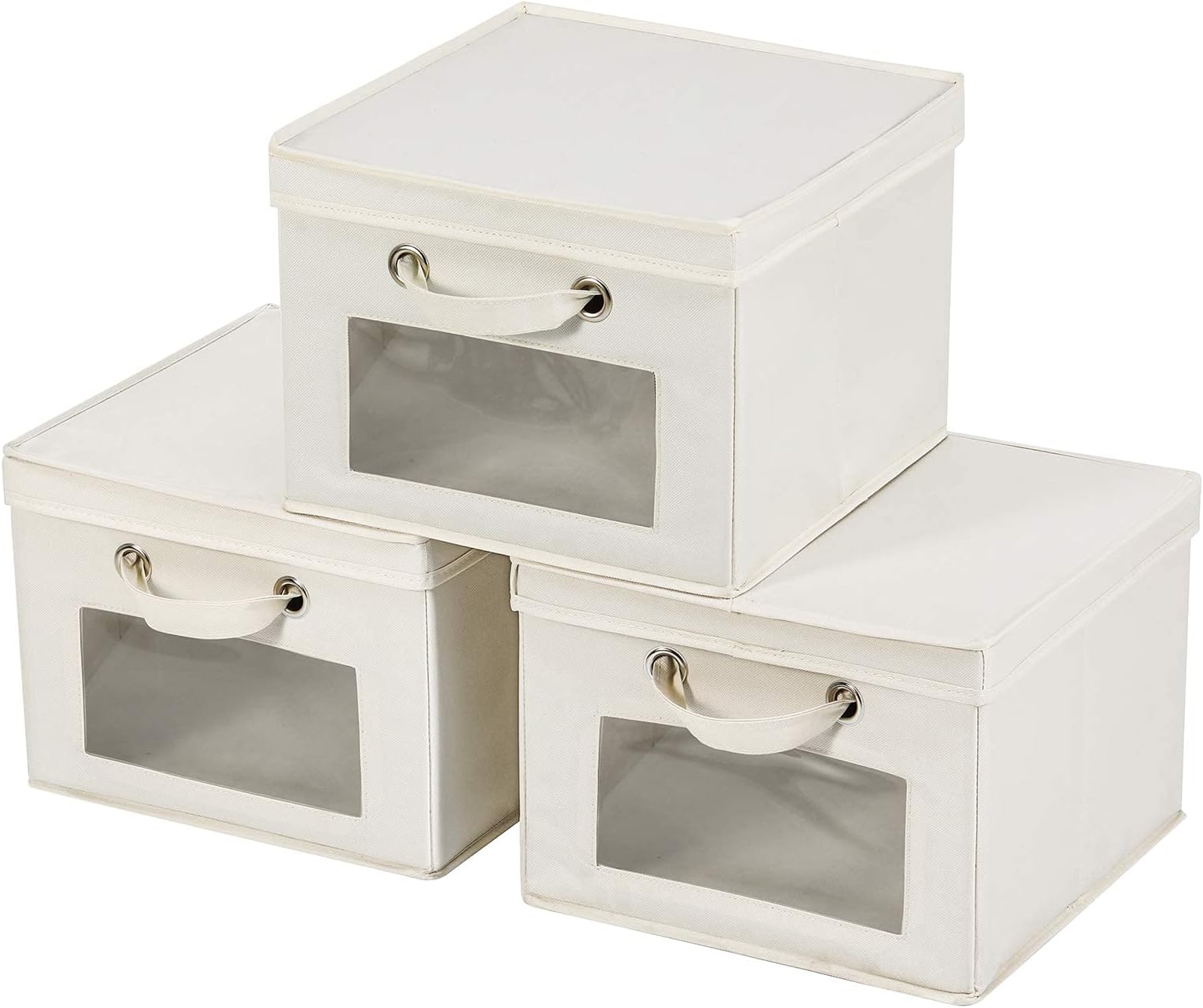 MaidMAX Closet Storage Cube with Clear Window, Lid and 2 Handles for Shelves, Foldable, Beige, Set of 3