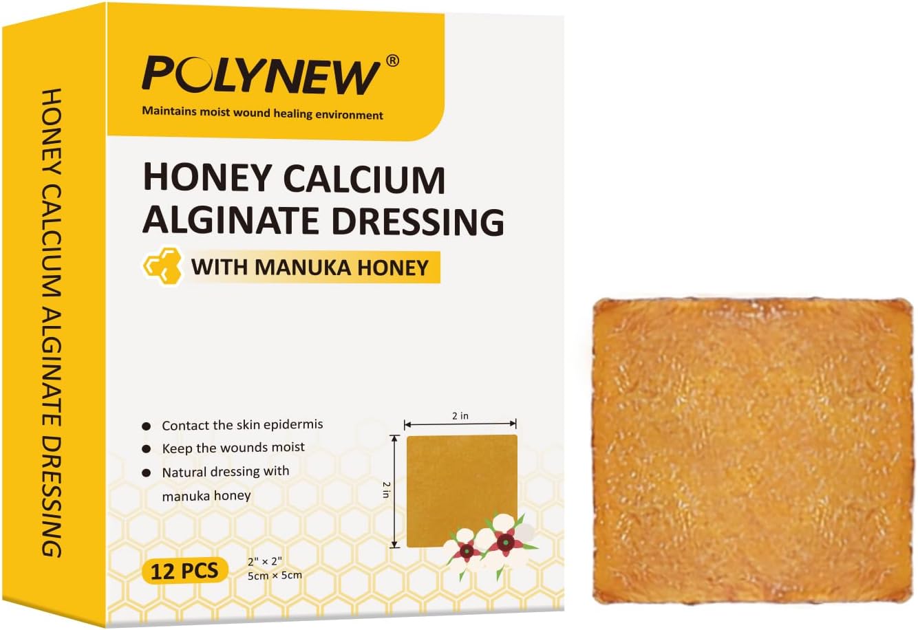 Impregnated Manuka Honey Calcium Alginate Dressing, 2"x2"-12Pcs/Box, Non-Adherent Calcium Alginate Dressing with Manuka Honey, Natural Wound Care Bandages for Burns, Faster Wound Care