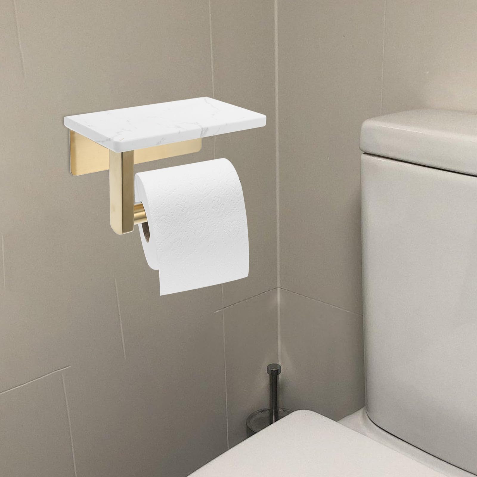 Porta Carta Igienica Mensola in Marmo Acciaio Inox Oro da Muro | Porta Cartaigienica Bagno da Muro Adesivo, Interasse 8, 3cm, Ripiano Superiore per Rotolo
