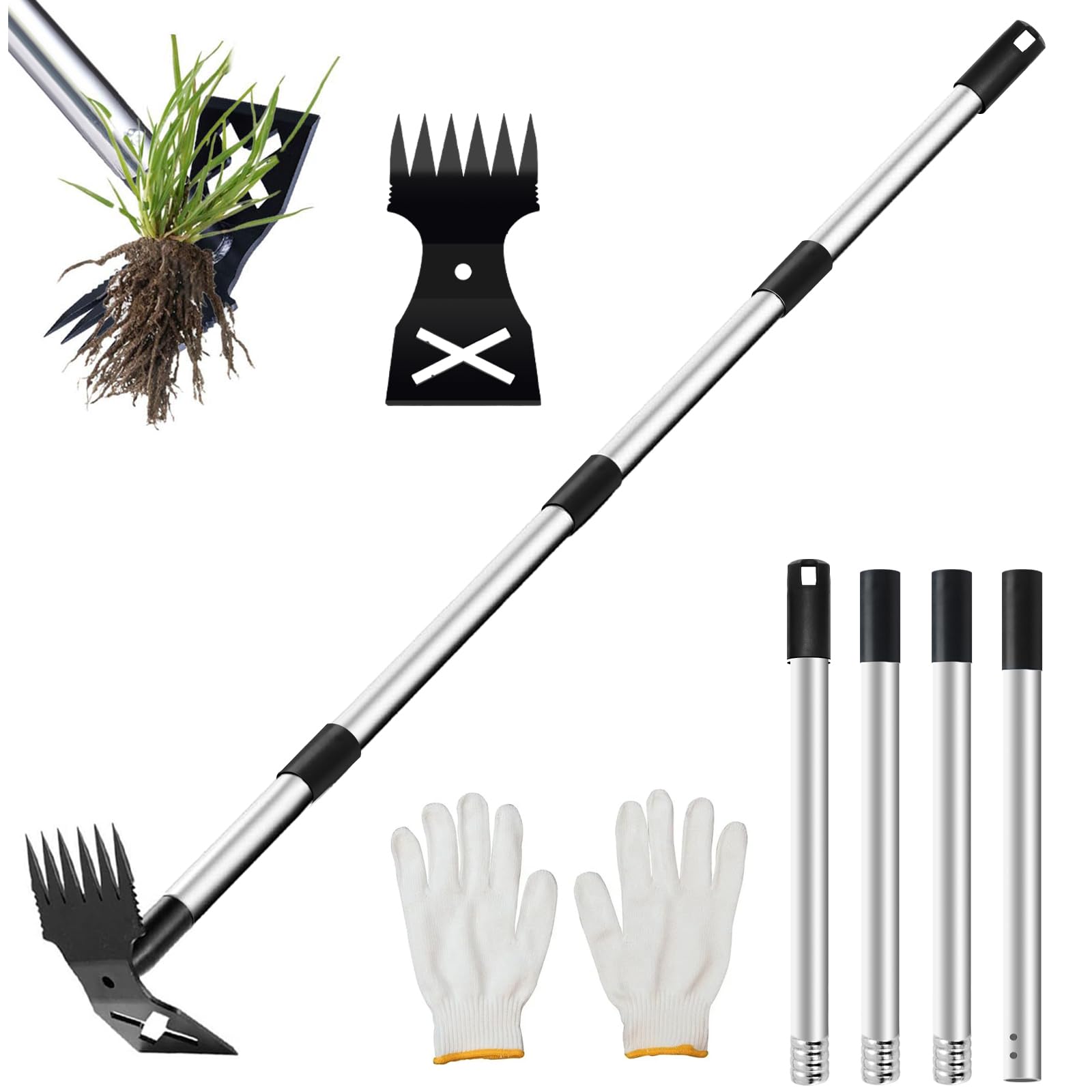 Weed Puller Tool with Long Handle,2 in 1 Manual Weed Rake and Garden Hoe,150cm Weed Remover Gardening Tools Adjustable,Manual Weeder with Detachable Handle for Flower Bed,Yard,Lawn,Patio,Garden