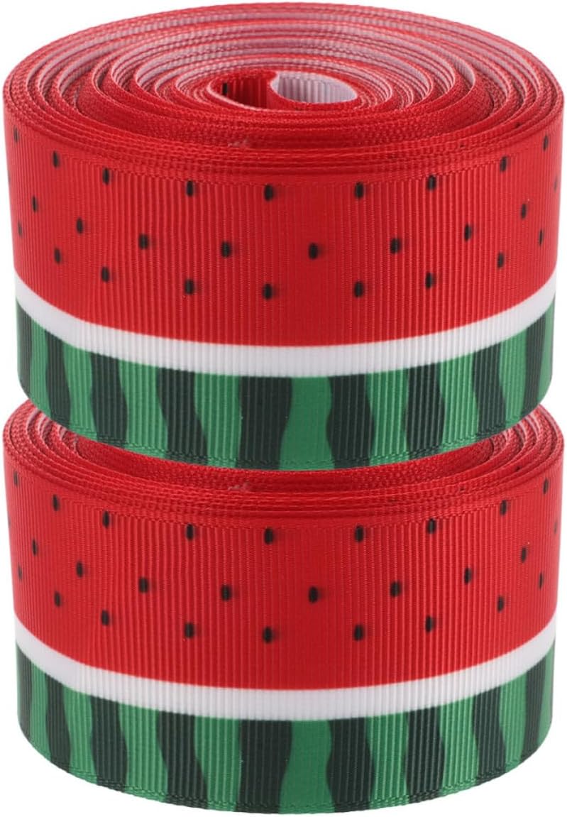 2 Rolls Watermelon Wired Edge Ribbon for Gift Wrapping and DIY Crafts, Summer Fruit Themed Polyester Grosgrain Ribbon with Heat Transfer Printing, Easy to Cut and Tie for Party