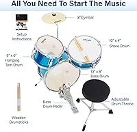 Vista 6 de Mendini By Cecilio Drum Set, 3 Piece Junior Drum Set for Beginners with Bass Tom Snare Drum, 13 inch Drum Kit with Snare, Cymbal, Drumsticks