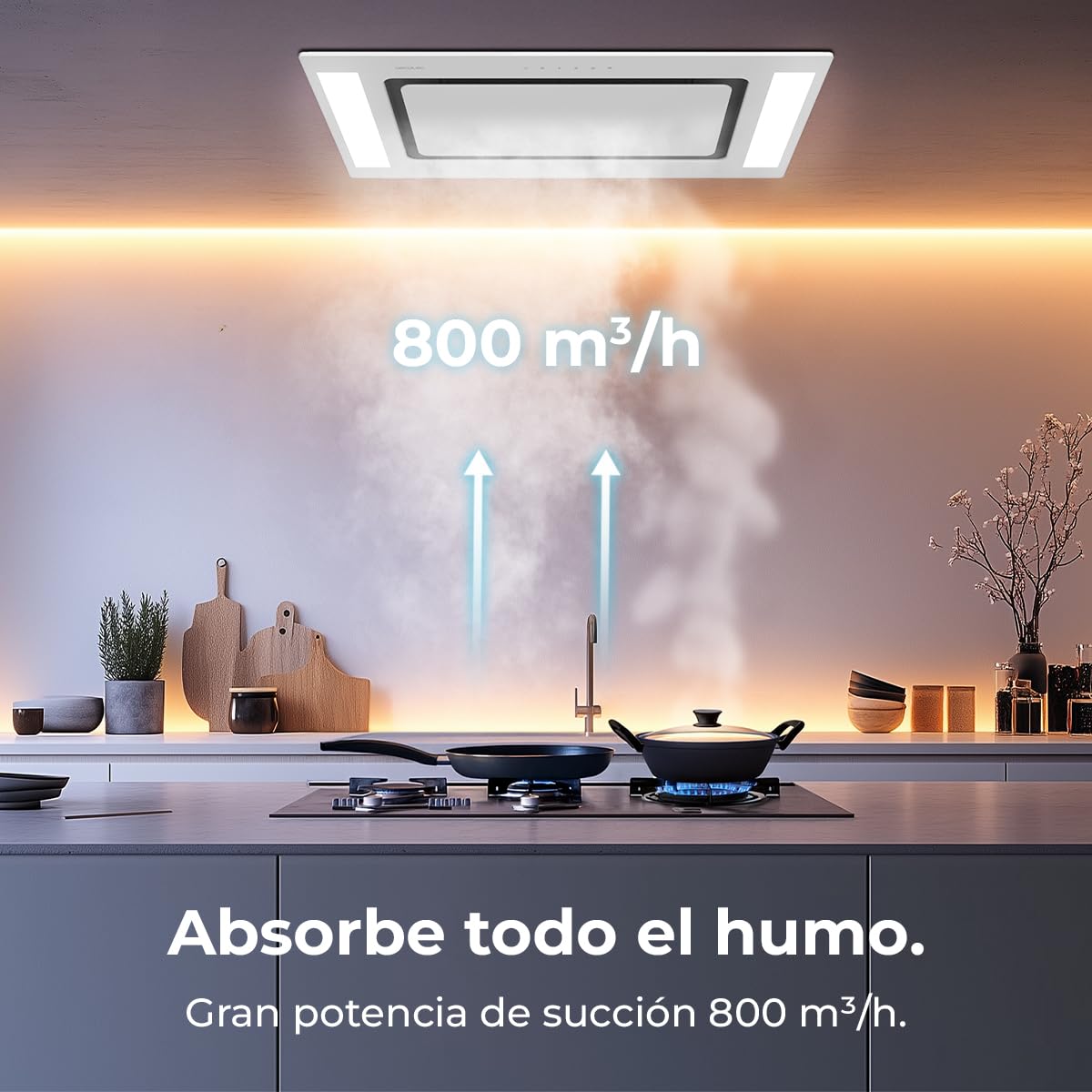 Cecotec Hotte Aspirante 90cm Plafond Intégrable Bolero Flux Tir 908000 Glass White A++. Finition Verre Blanc, Aspiration 800M3/H, Télécommande, Filtre Charbon, Booster