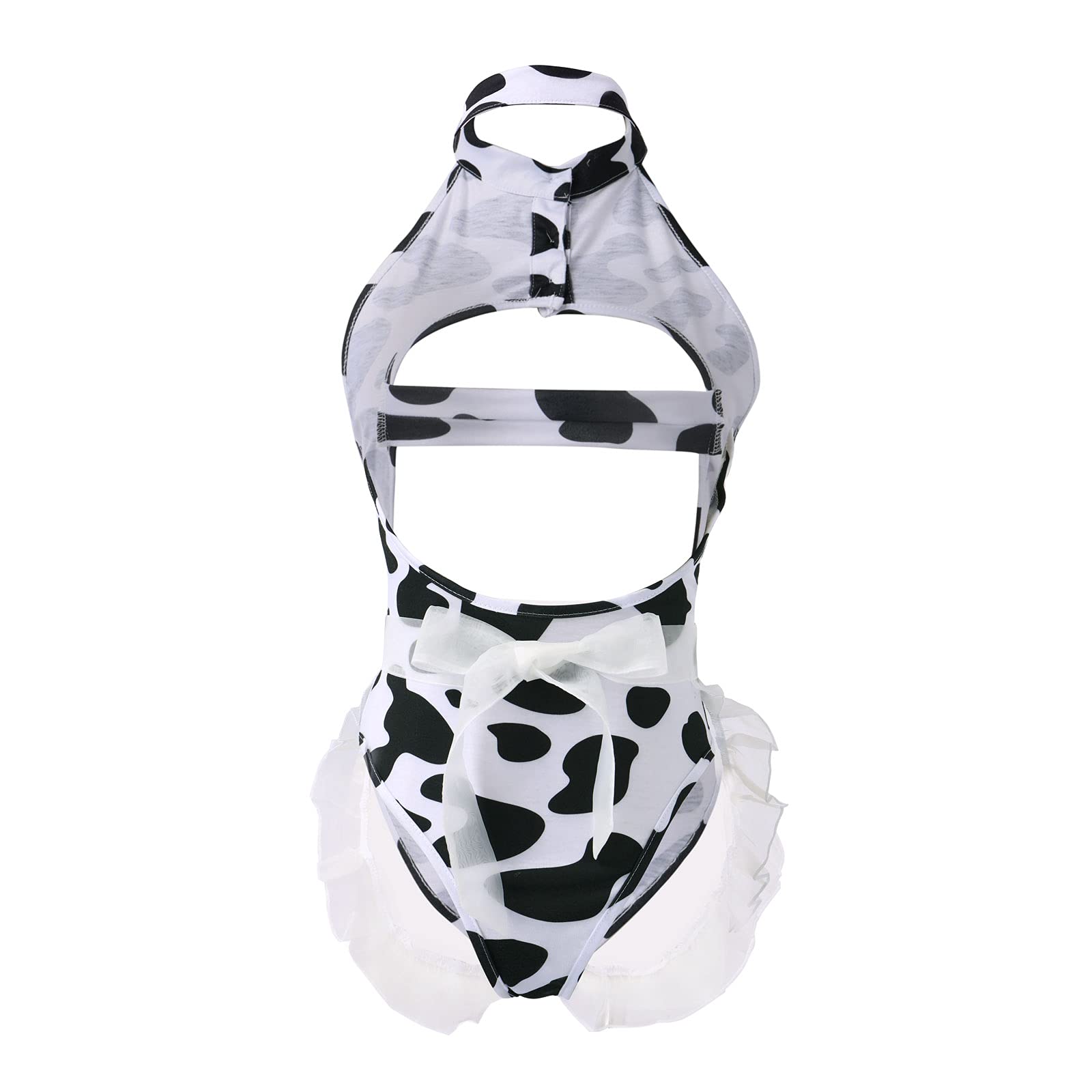 FYMNSI Women Sexy Milk Cow Lingerie Set Anime Maid Cosplay Costume Mini Bikini Bra Bodysuit with Bell Choker Stockings Outfit: One Size Cow Bodysuit Skirt
