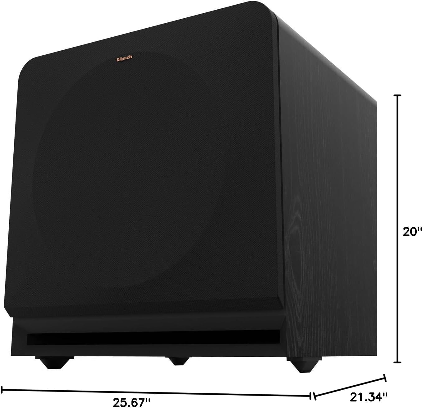 Diagram showing the dimensions of the Klipsch RP-1400SW subwoofer: 25.67 inches deep, 20 inches wide, and 21.34 inches high.