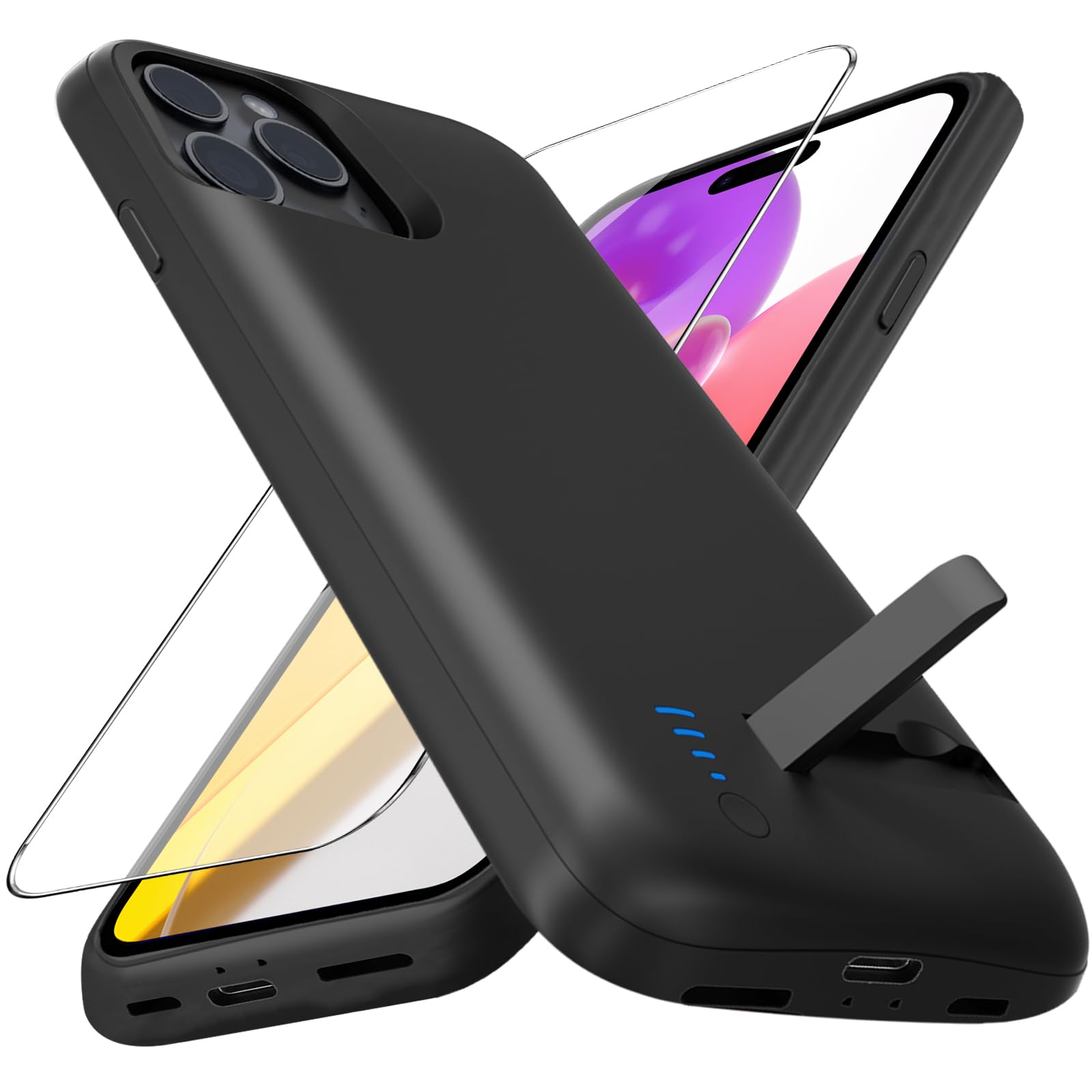 Cover Batteria per iPhone 15 Pro (6.1")，8500mAh Custodia Batteria Protettiva a 360° con Supporto, Power Bank Ricaricabile ed Espandibile, e Pellicola Temperata (Nero)
