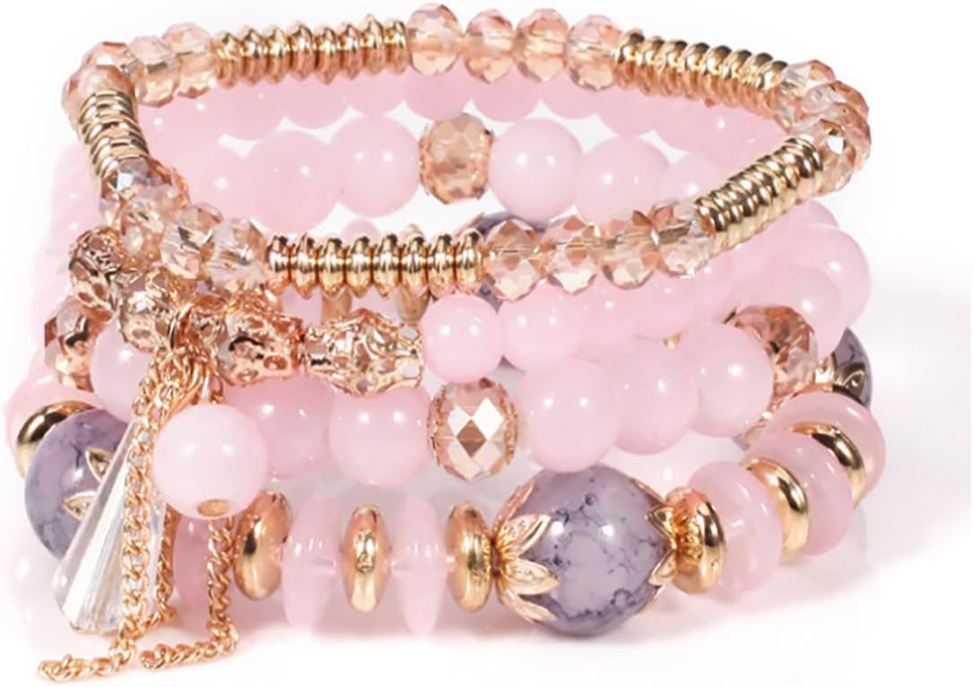 GYRMMUE Bohemian Stackable Bracelets for Women Faux Agate Chain Charm Beaded Bracelet Vintage Bracelets Charm Multicolor Crystal Beads Rope Bracelets Multilayer Stackable Bracelet