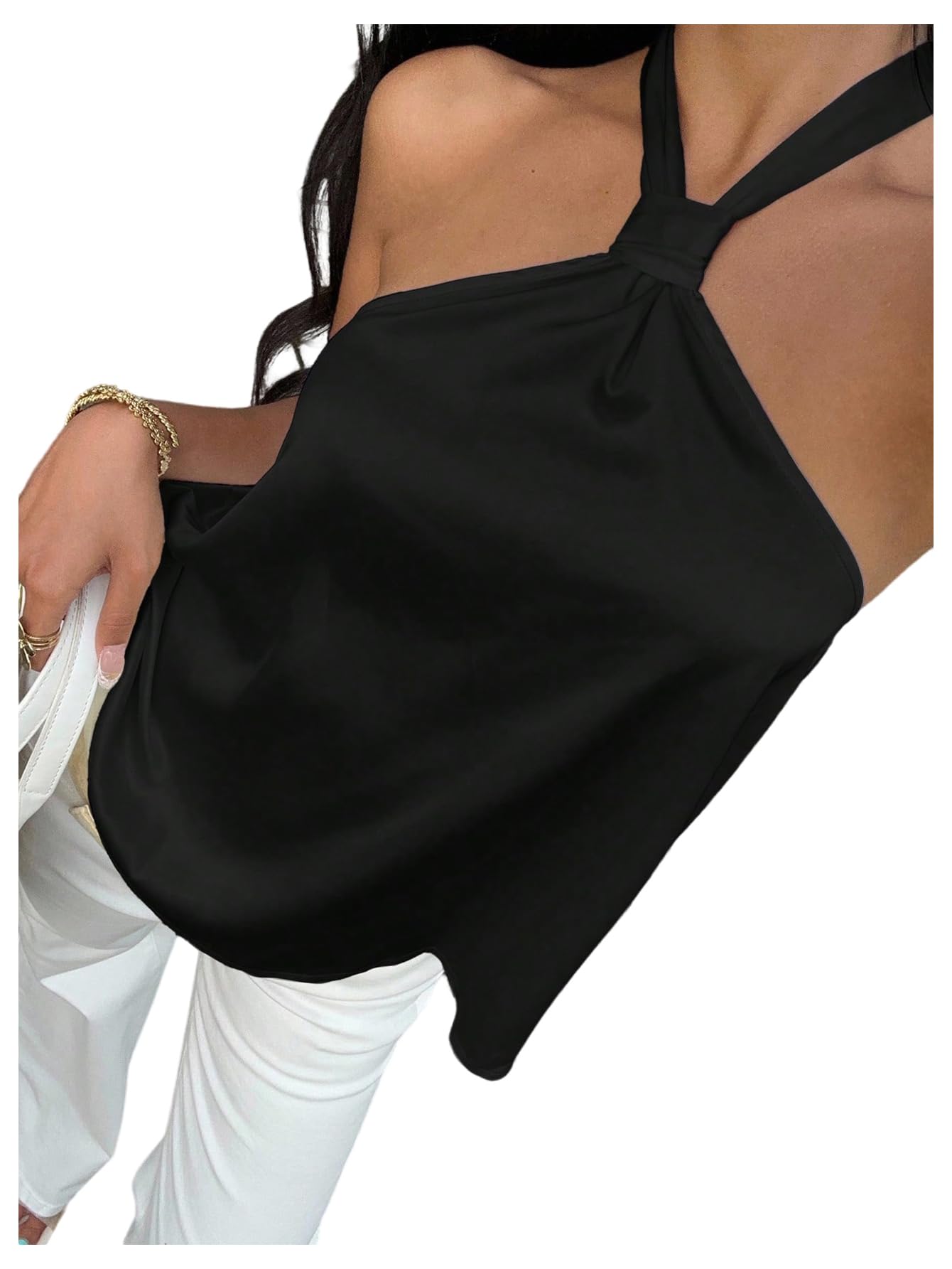 Photo 1 of SOLY HUX Women's Summer Halter Tops Silk Satin Tie Backless Sleeveless Going Out Top Pure Black X-Small